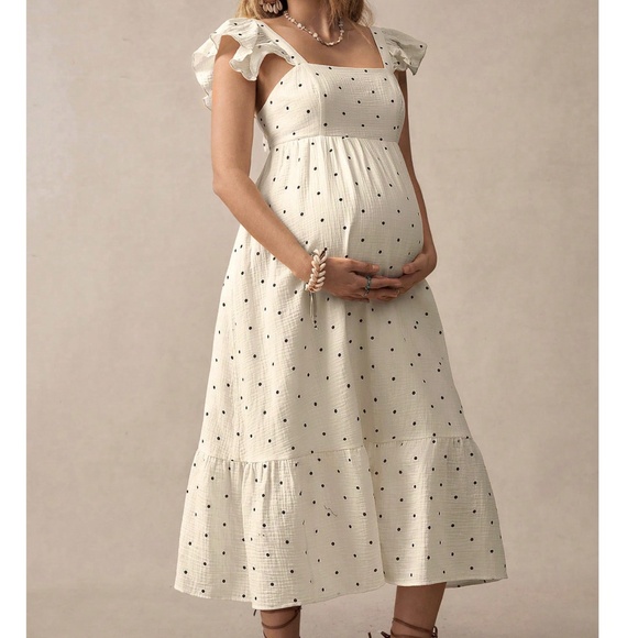 Maternity Polka Dot Ruffle Sleeve Tie Back High Waisted Dress - Picture 1 of 5